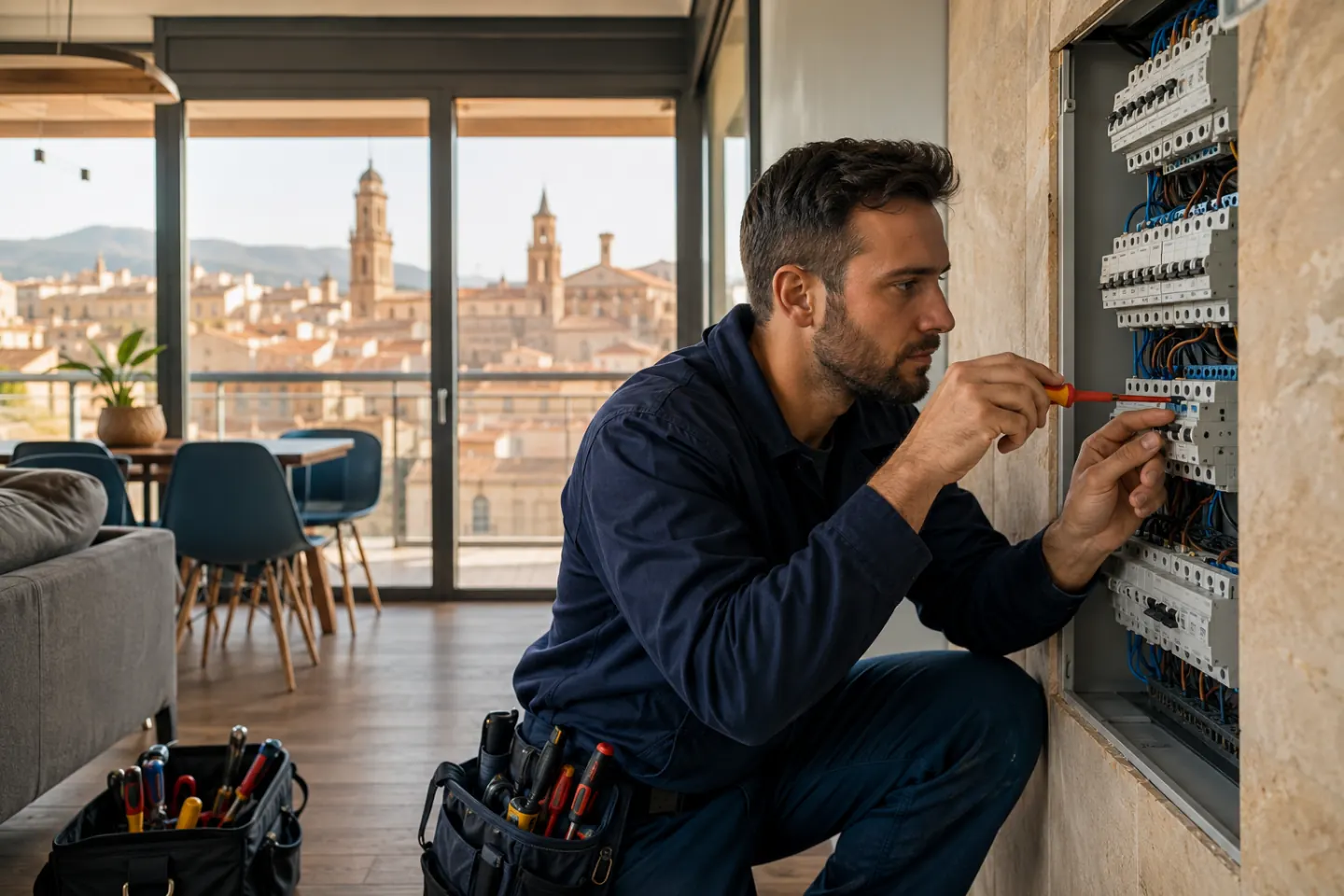 Electricista revisando una instalación eléctrica en una vivienda de Huesca